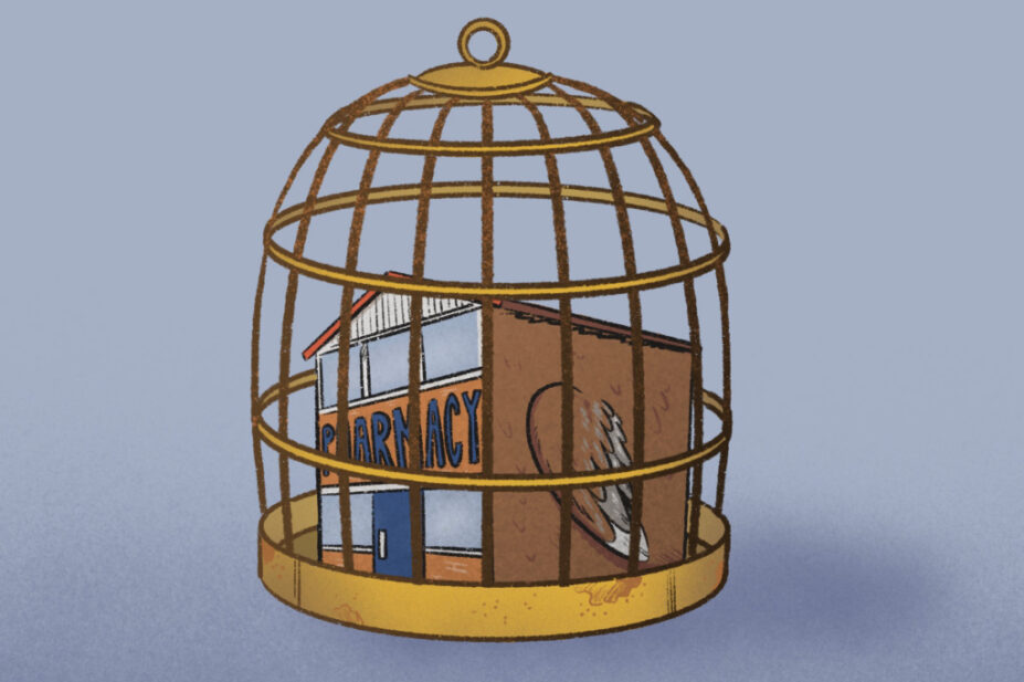 Illustration of a winged pharmacy in a rusty cage on a blue background