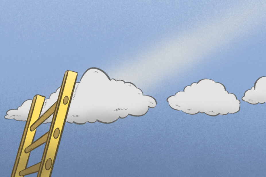 Illustration of a ladder leading to a pathway of clouds