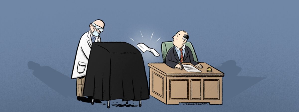 Illustration of a scientist working over a black shrouded table, with a bureaucrat to the right waiting for the unseen result