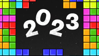 Illustration of the number 2023 with tetris bricks all around it
