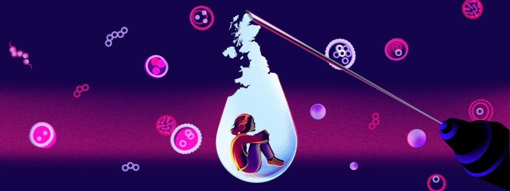 Illustration of a child within a droplet in the shape of the UK, coming from a vaccination syringe, with bacteria and viruses in the background.