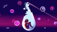 Illustration of a child within a droplet in the shape of the UK, coming from a vaccination syringe, with bacteria and viruses in the background.