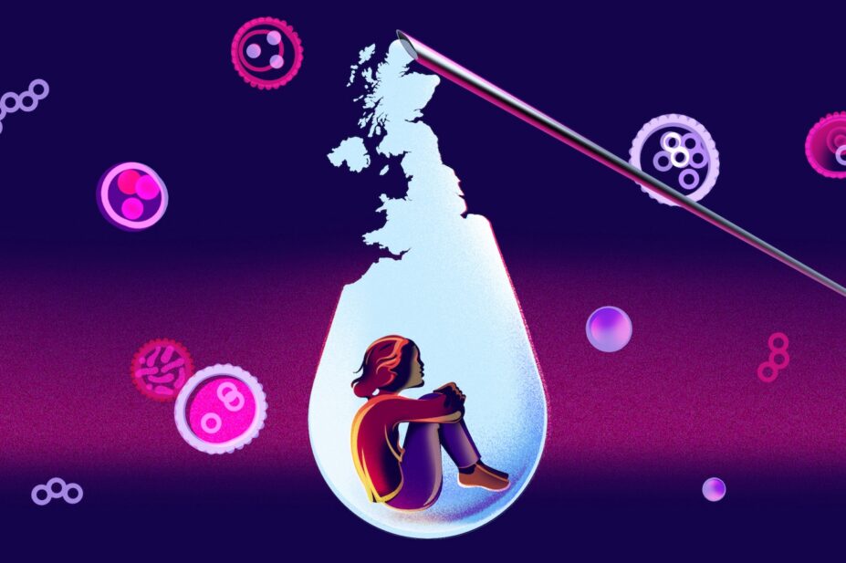 Illustration of a child within a droplet in the shape of the UK, coming from a vaccination syringe, with bacteria and viruses in the background.