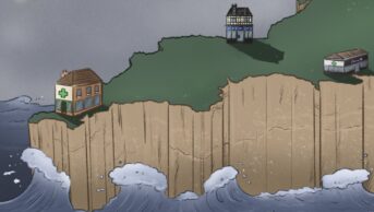 Illustration of the south west of England as a cliff face protruding over a rough ocean, with three tiny pharmacies sparsely populating the land above