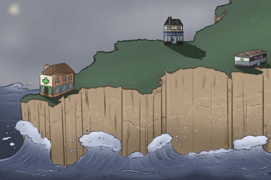 Illustration of the south west of England as a cliff face protruding over a rough ocean, with three tiny pharmacies sparsely populating the land above