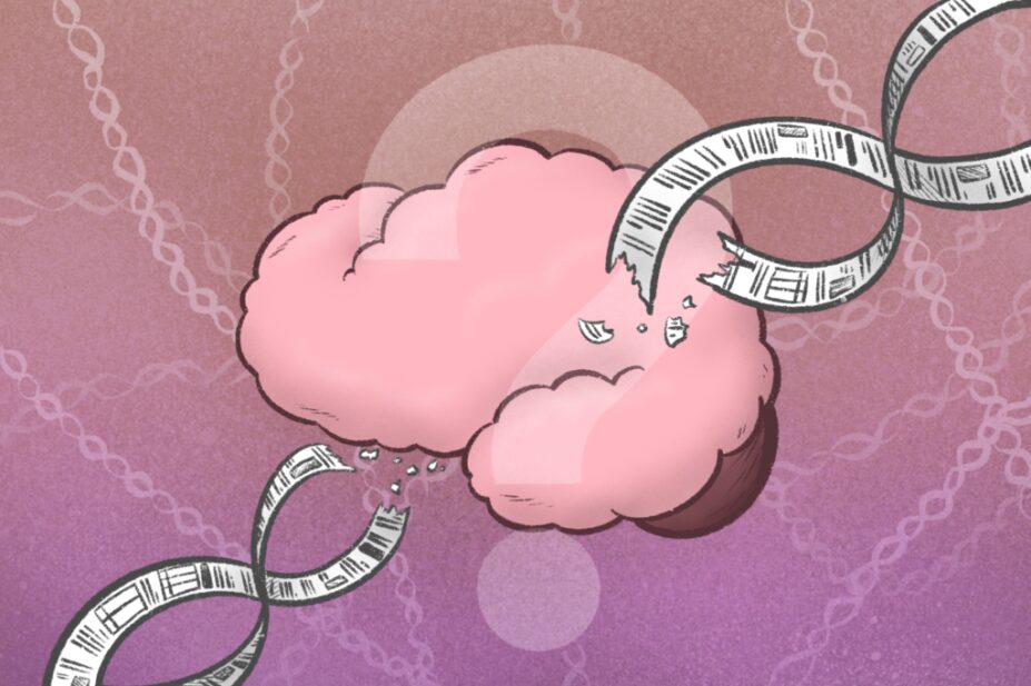 Illustration of a brain floating in space, with ribbons of text formed into a double helix structure breaking up as it tries to flow through, with a large question mark in the foreground