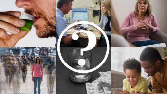 Collage of mental health images with a question mark in the centre