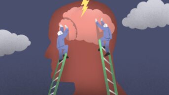Illustration of two workmen on ladders constructing a brain, with storm clouds and lightning surrounding them.