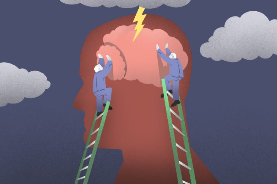Illustration of two workmen on ladders constructing a brain, with storm clouds and lightning surrounding them.