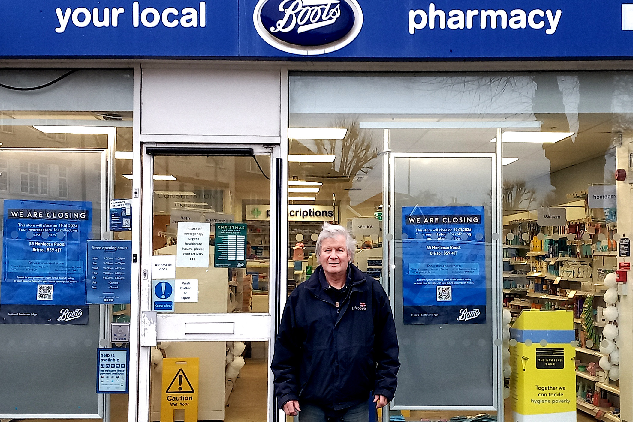 Photo Neil Goldsmith in front of Boots pharmacy