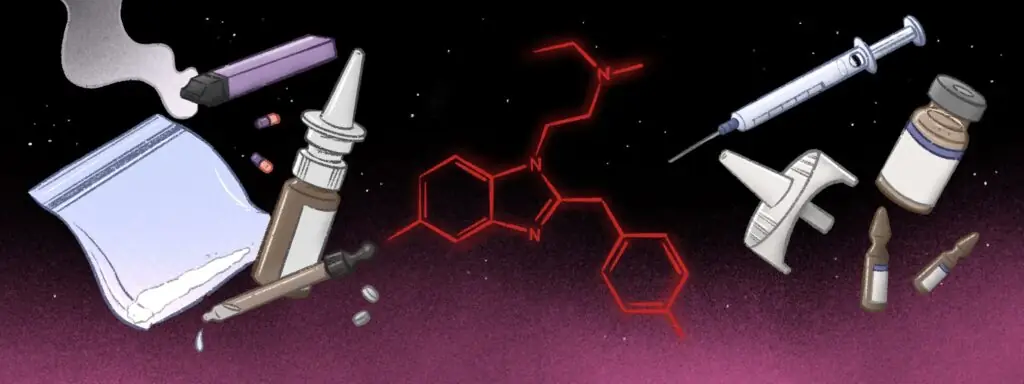 Illustration of the isolated nitazene molecule flanked by methods of drug delivery on the left and naloxone overdose treatment on the right