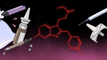 Illustration of the isolated nitazene molecule flanked by methods of drug delivery on the left and naloxone overdose treatment on the right