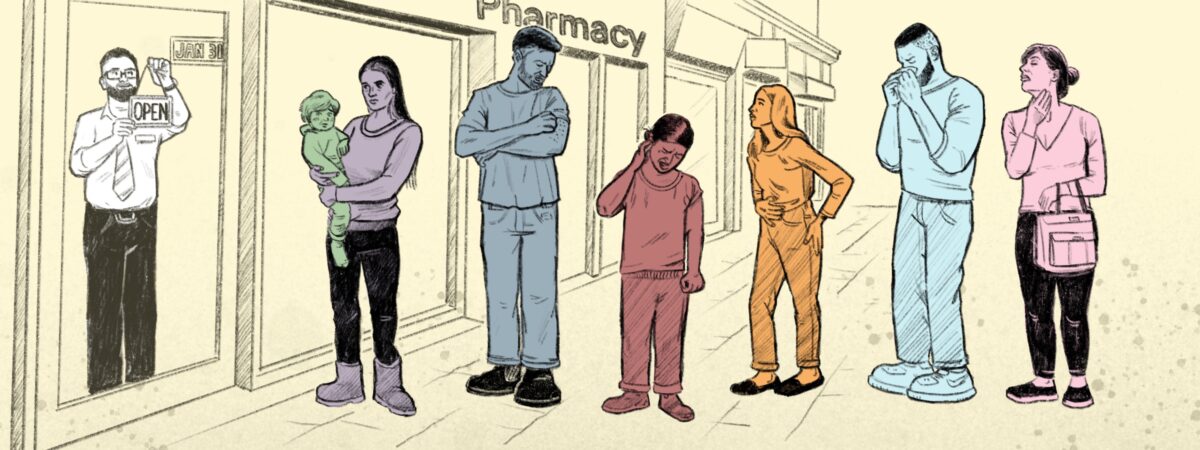 Illustration of queue of seven people with the ailments pharmacists will treat under Pharmacy First waiting for an opening pharmacy