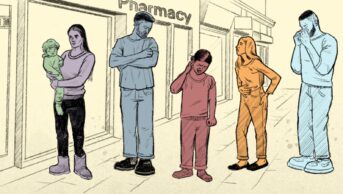 Illustration of queue of seven people with the ailments pharmacists will treat under Pharmacy First waiting for an opening pharmacy