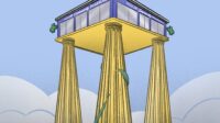 Illustration of a community pharmacy raised high on golden pillars
