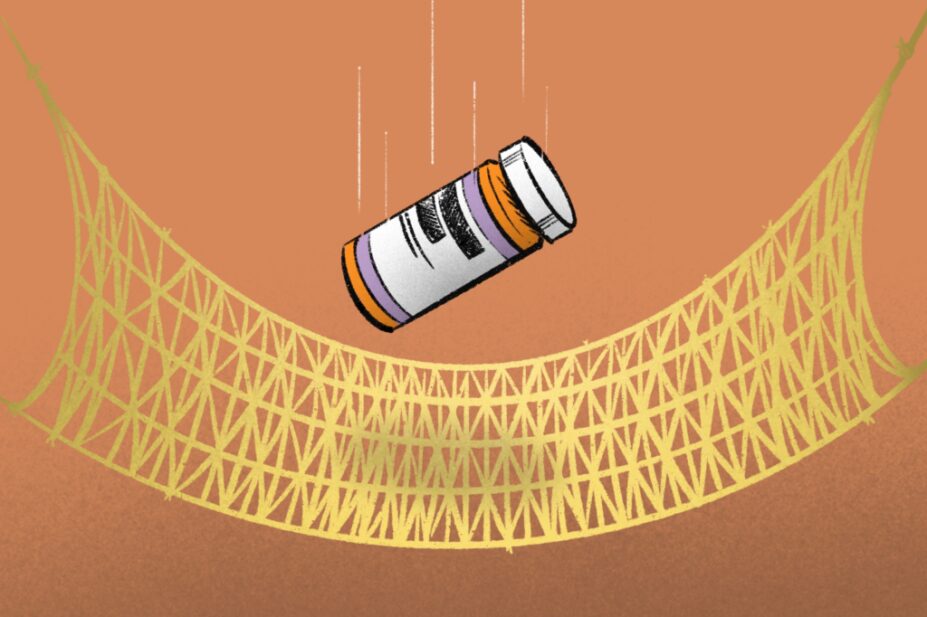 Illustration of a pill bottle falling into a safety net