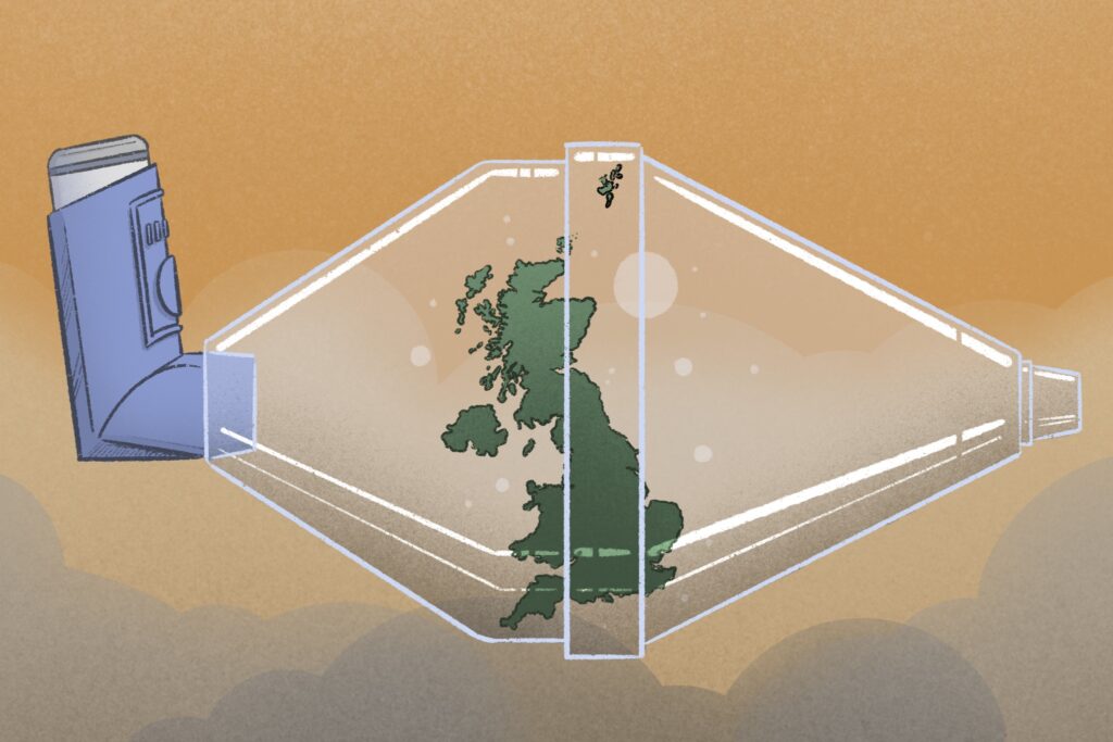 Illustration of the UK in an asthma inhaler spacer on a smoky background