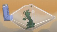 Illustration of the UK in an asthma inhaler spacer on a smoky background