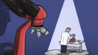 Illustration of a pharmacist technician under the microscope being observed by a larger pharmacist