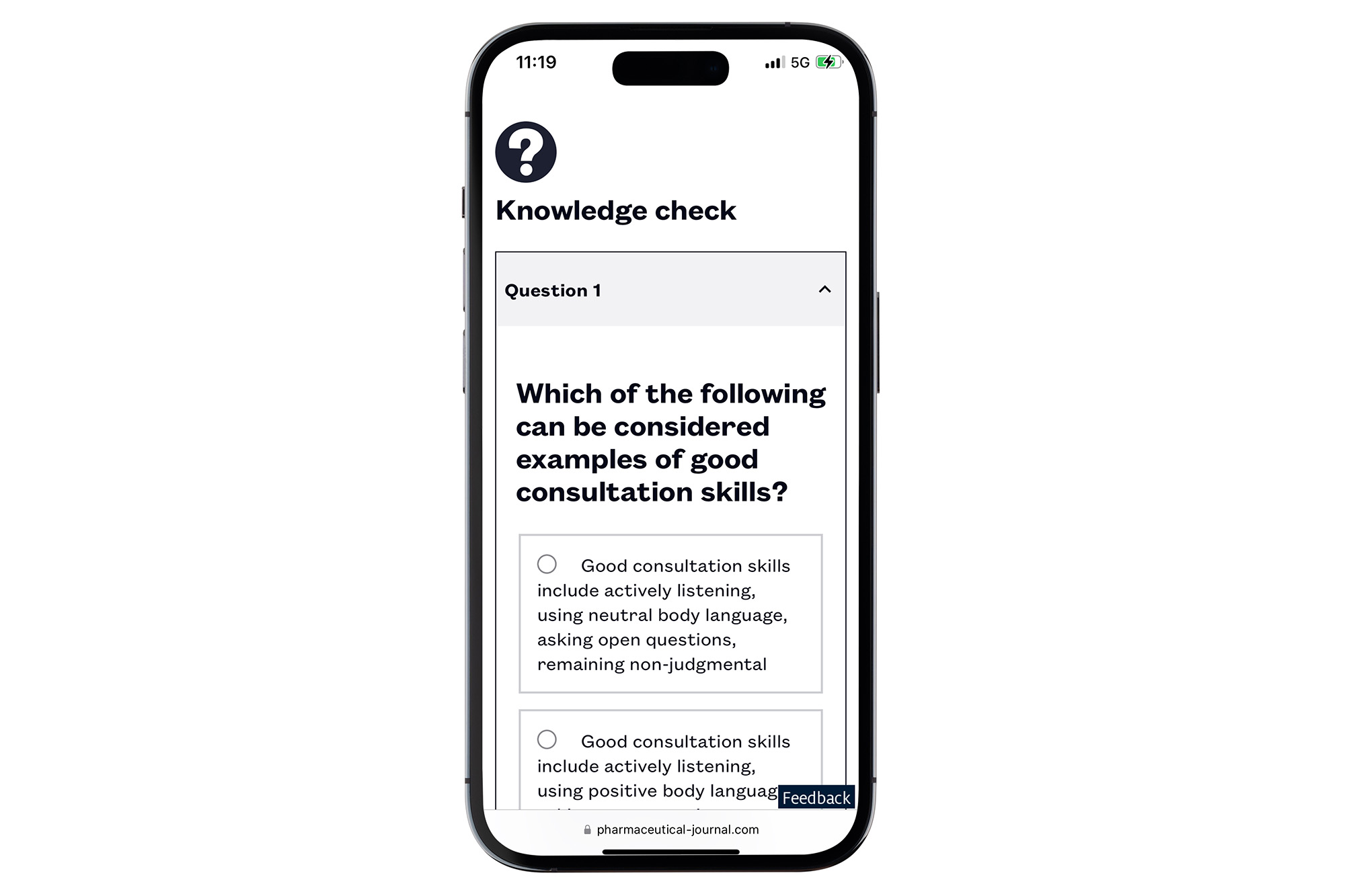An iphone with a screenshot of the quiz in the prescribing article format