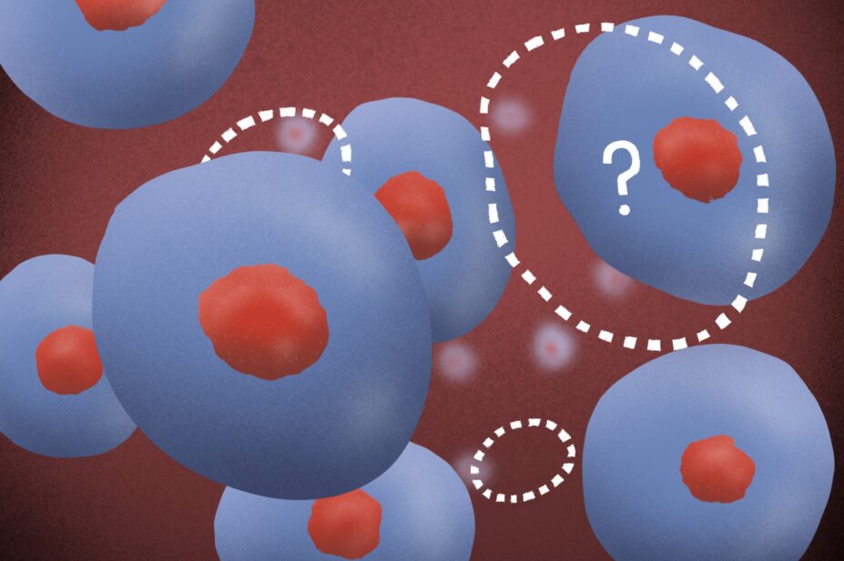 Illustration of a cluster of stem cells in the blood stream, with cutout missing spaces – one with a question mark