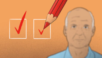 Illustration of boxes being ticked by a red pencil, with an out of focus patient in the background