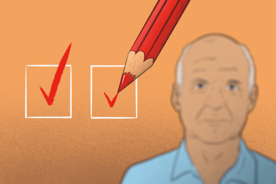 Illustration of boxes being ticked by a red pencil, with an out of focus patient in the background