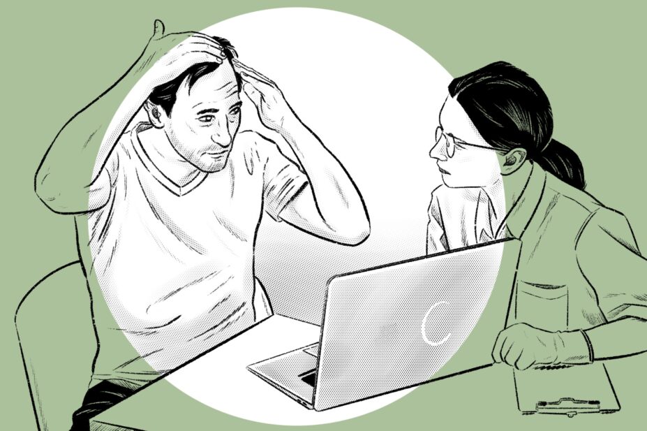 Stylised illustration of a man showing his pharmacist that his head hurts, with her showing him an open laptop