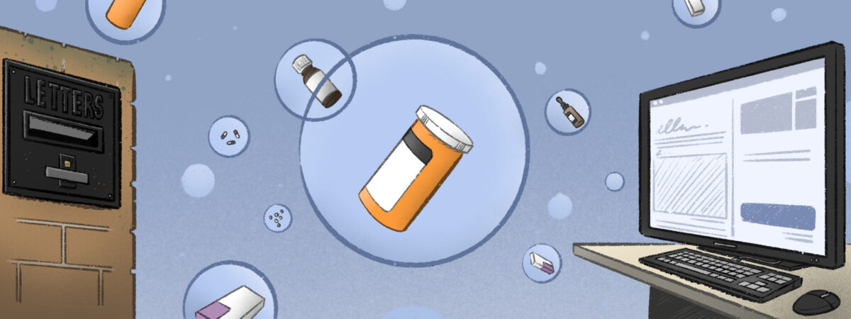 Illustration of bubbles filled with different kinds of pharmaceuticals wafting from an order screen to the right to a letterbox on the left