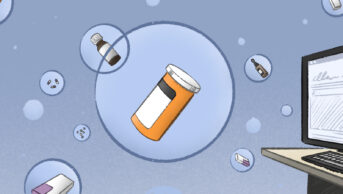 Illustration of bubbles filled with different kinds of pharmaceuticals wafting from an order screen to the right to a letterbox on the left