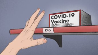 Illustration of a hand reaching to grab a COVID-19 vaccine off a high shelf, with a £45 price visible