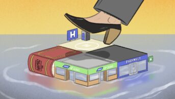 Illustration of a stepping stone made up of a textbook, a GP clinic, a community pharmacy and a hospital.