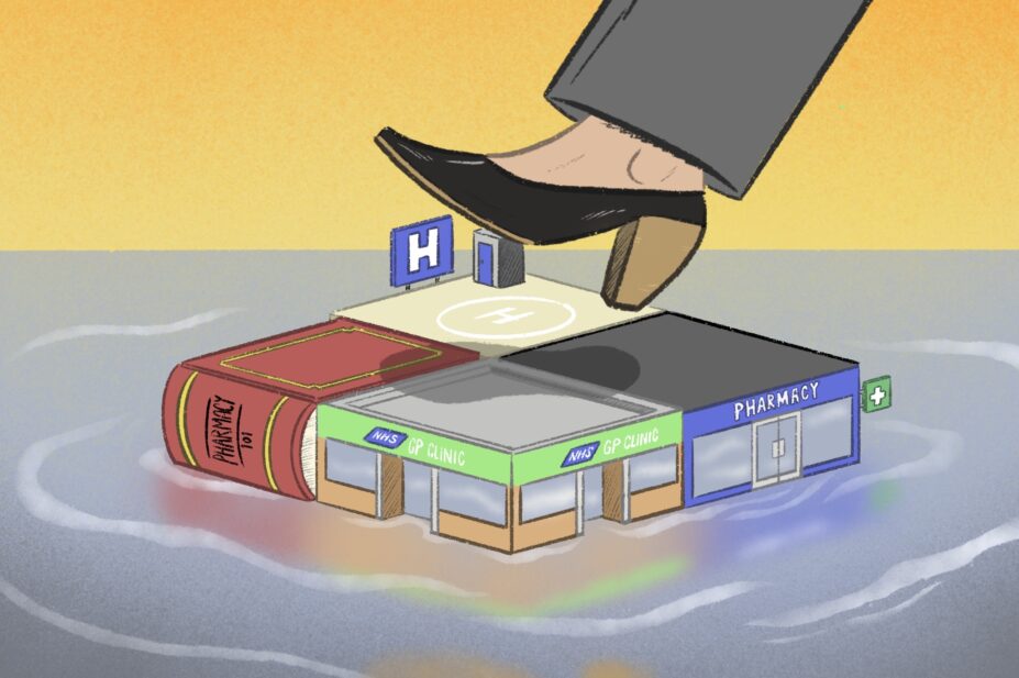 Illustration of a stepping stone made up of a textbook, a GP clinic, a community pharmacy and a hospital.