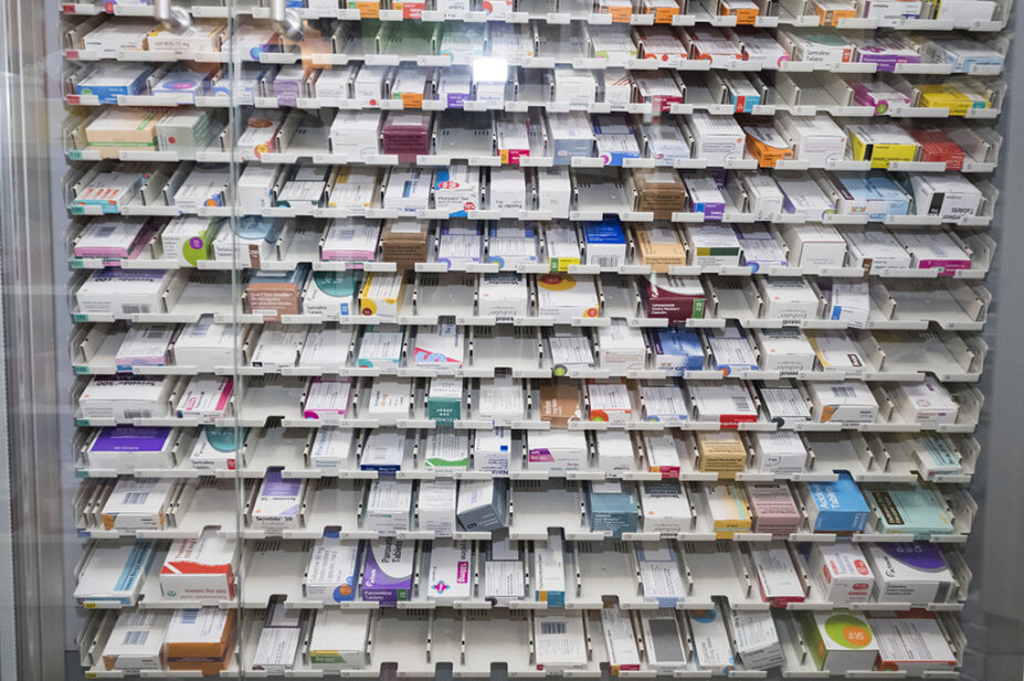 Pharmacy robotic medicine cabinet with some empty shelves