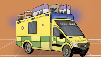 Illustration of an ambulance which is also a carry box for medication