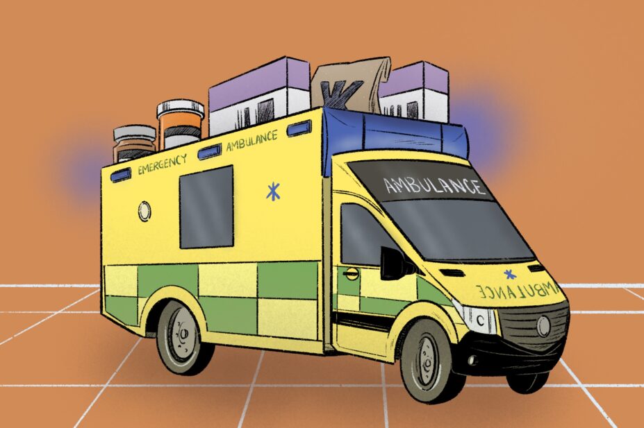 Illustration of an ambulance which is also a carry box for medication