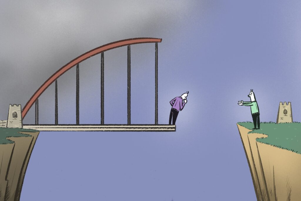 Illustration of a bridge between two cliffs with a missing segment and a lost person in the middle