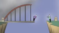Illustration of a bridge between two cliffs with a missing segment and a lost person in the middle