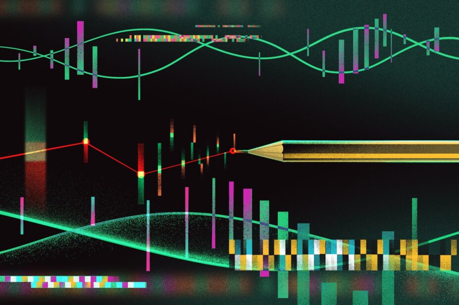 Stylised abstract illustration of a pencil drawing out colourful DNA strands on a black background.