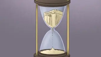 Illustration of an hourglass with sand in the shape of a pharmacy that is running out.