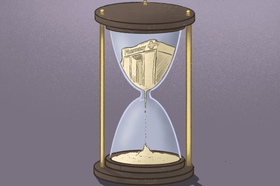 Illustration of an hourglass with sand in the shape of a pharmacy that is running out.