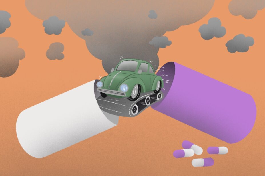 Illustration of a VW bug on a treadmill producing huge amounts of smog in the centre of an open tablet, with other tablets on the floor to the side