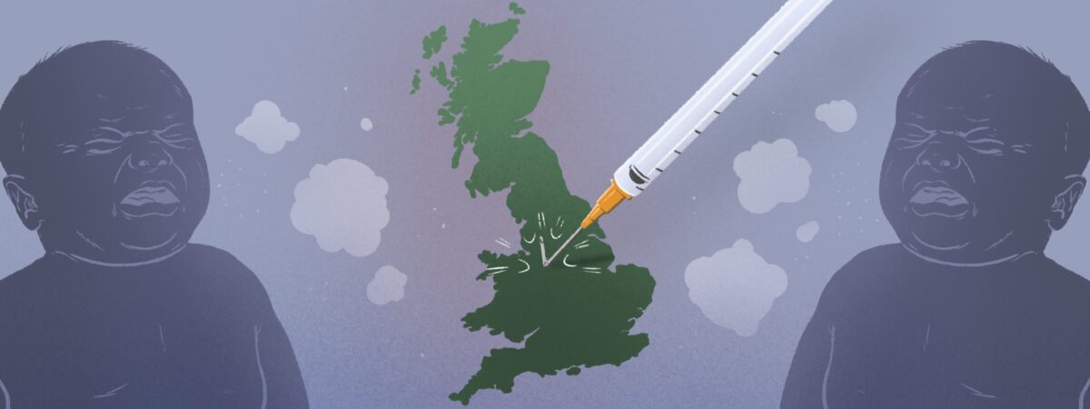 Illustration of a vaccination syringe unable to penetrate the UK, with children coughing clouds of disease in the background