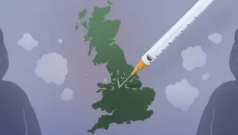 Illustration of a vaccination syringe unable to penetrate the UK, with children coughing clouds of disease in the background