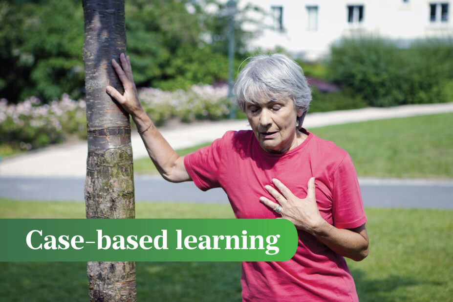Older woman out of breath leaning on a tree