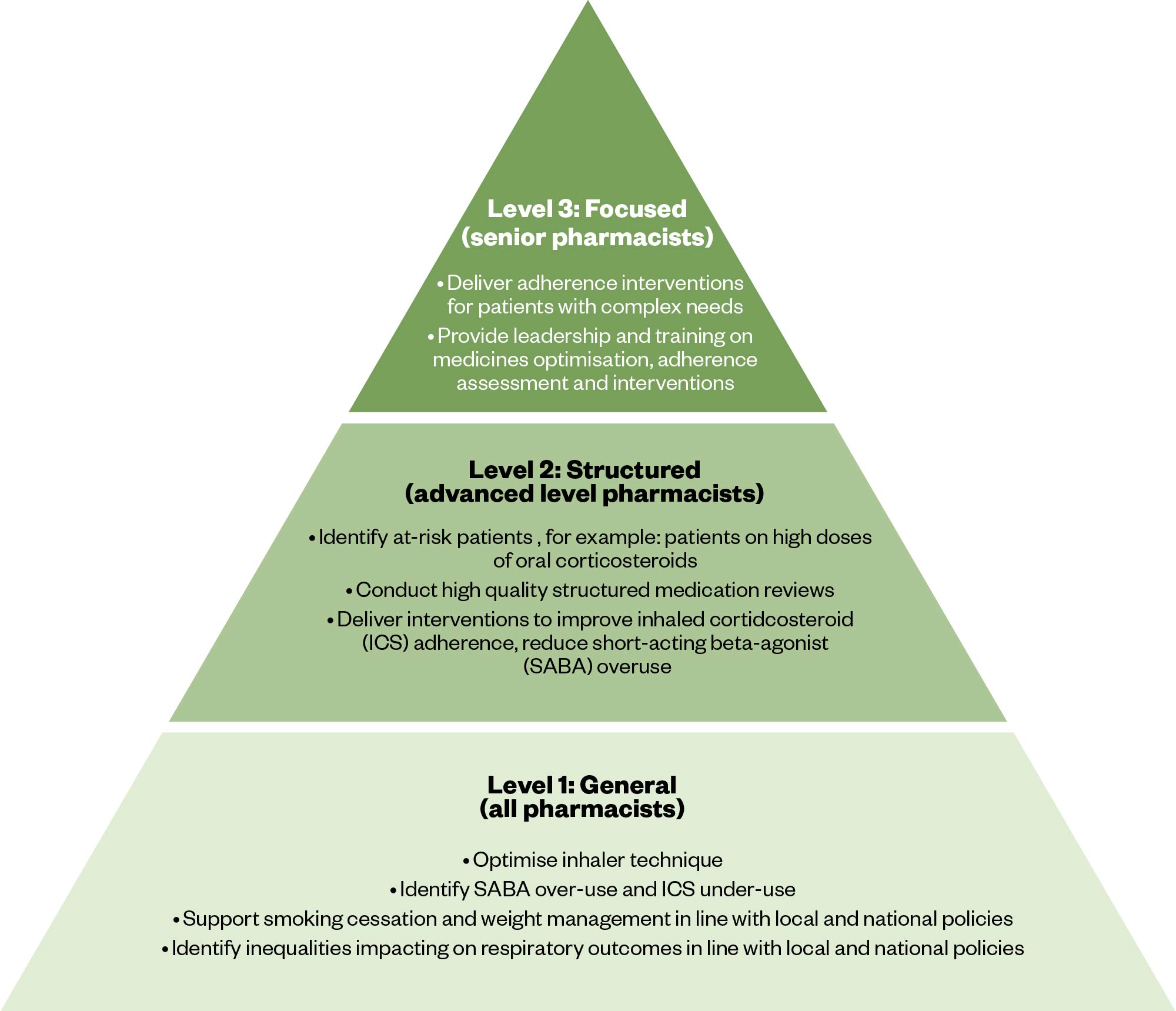Pyramid diagram showing the structure of the integrated care model, with level one (general), level two (structured) and level three (focused).