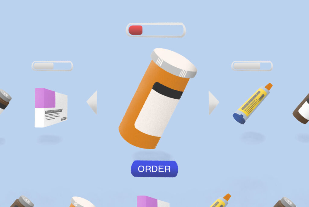 Illustration showing a online shop with capacity over different pharmaceutical items