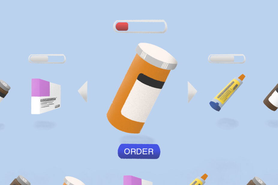 Illustration showing a online shop with capacity over different pharmaceutical items