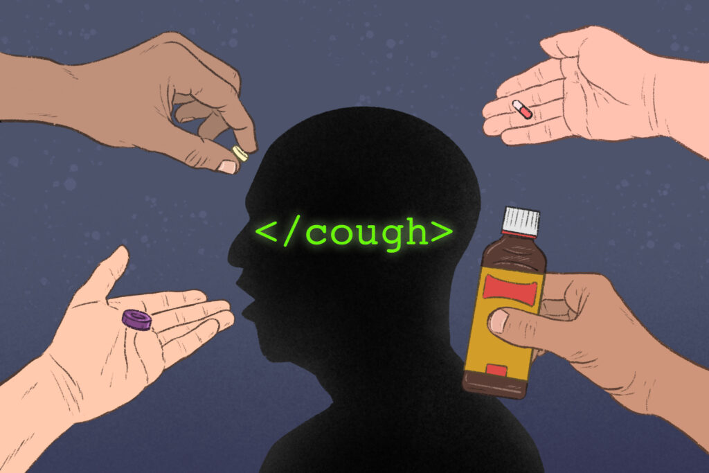 Illustration showing a silhouetted coughing man, with the code super-imposed in green over the top, the head is surrounded by different hands offering traditional cough remedies