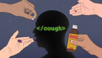 Illustration showing a silhouetted coughing man, with the code super-imposed in green over the top, the head is surrounded by different hands offering traditional cough remedies